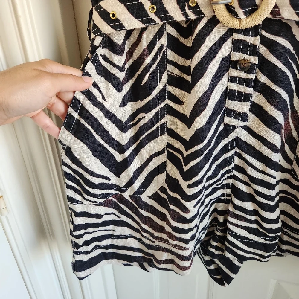 Banana Republic Zebra Safari Romper 100% Linen Size M‎ Belted Shorts